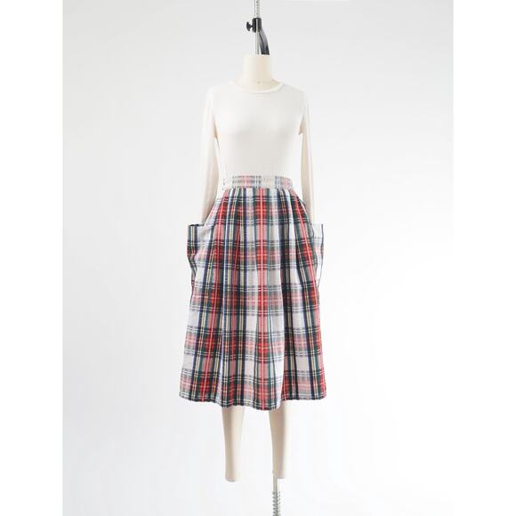 Vintage Tartan Plaid Seersucker Full Pleated Midi Skirt with Pockets size XS - Picture 2 of 7